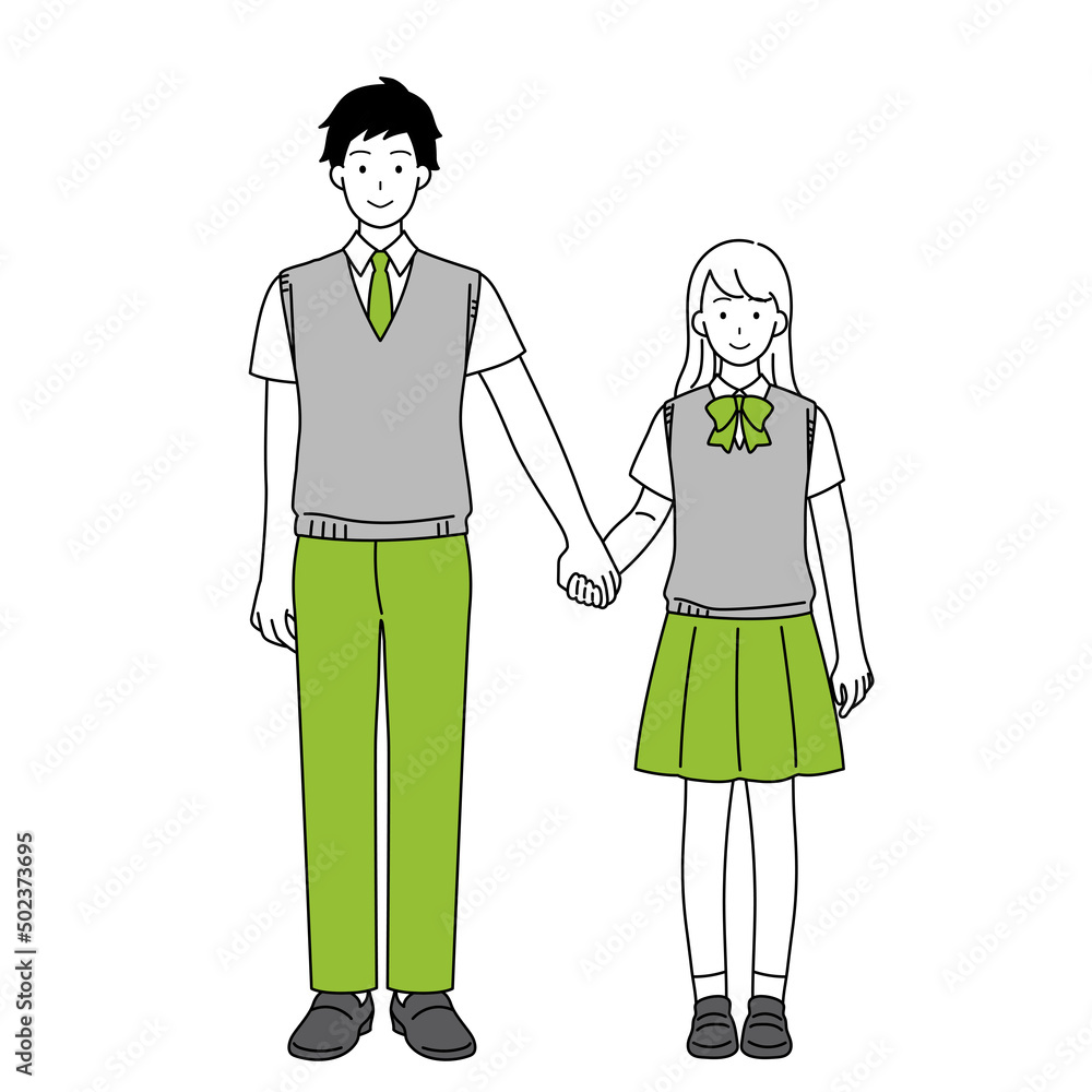 Full-body illustration of a student couple holding hands. Full-body illustration of a student couple holding hands.