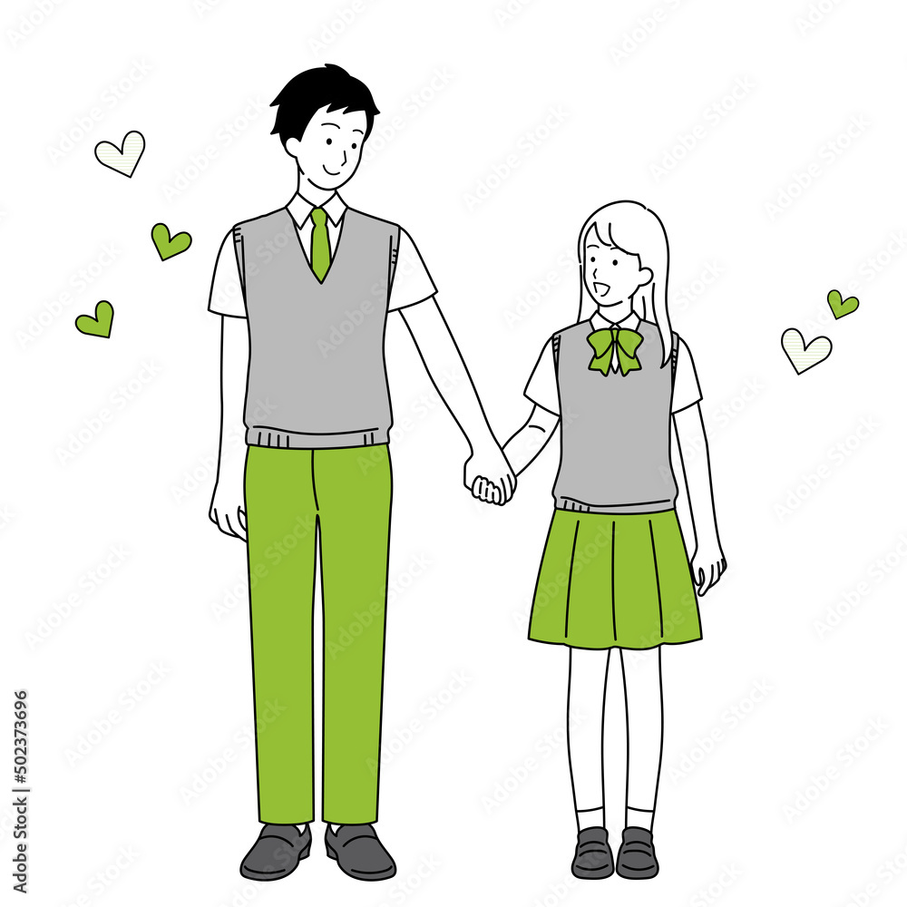 Full-body illustration of a student couple holding hands. Full-body illustration of a student couple holding hands.