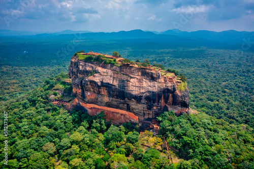 Aerial view of Sigiriya Lion's Rock, a rock fortress located in the northern Matale District, Dambulla, Sri Lanka.