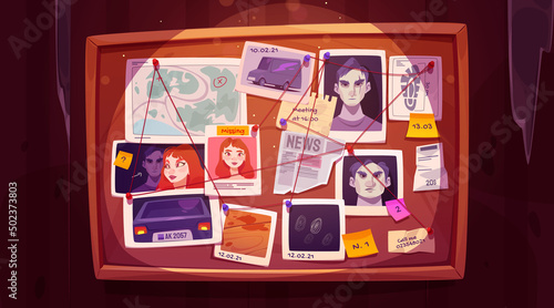 Detective board in police, wooden frame with footprints, crime photos, map and clues connected by red string, identikits of suspected criminals, evidence, car numbers, Cartoon vector illustration