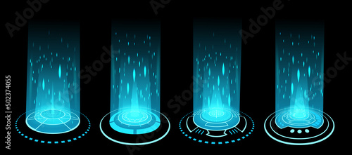 Futuristic magic blue teleporter with digital circles, Collection of glowing future portals with neon and bright effects. Isolated on black background