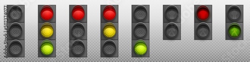 Traffic lights with red, yellow and green led lamps. Road semaphore, signal system for safety driving control. Vector realistic set of traffic regulation system on street with pedestrian crosswalk photo