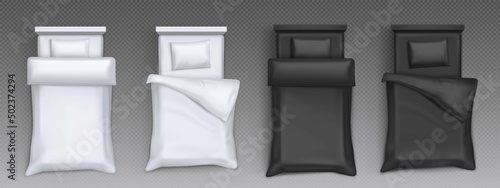 Unmade beds with white and black pillows, blanket and sheet. Vector realistic top view of 3d furniture for sleep with mattress and blank bedclothes isolated on transparent background