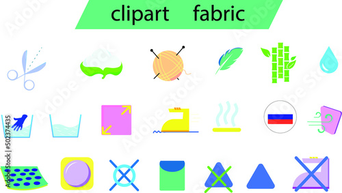 cloth care icons set. clothing properties. Vector icons. Cotton, wool, bamboo, washing, ironing, windproof material, dry cleaning.