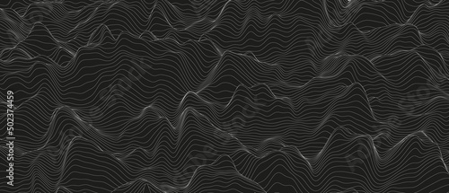 Abstract background with distorted line shapes on a black background. Monochrome sound line waves.