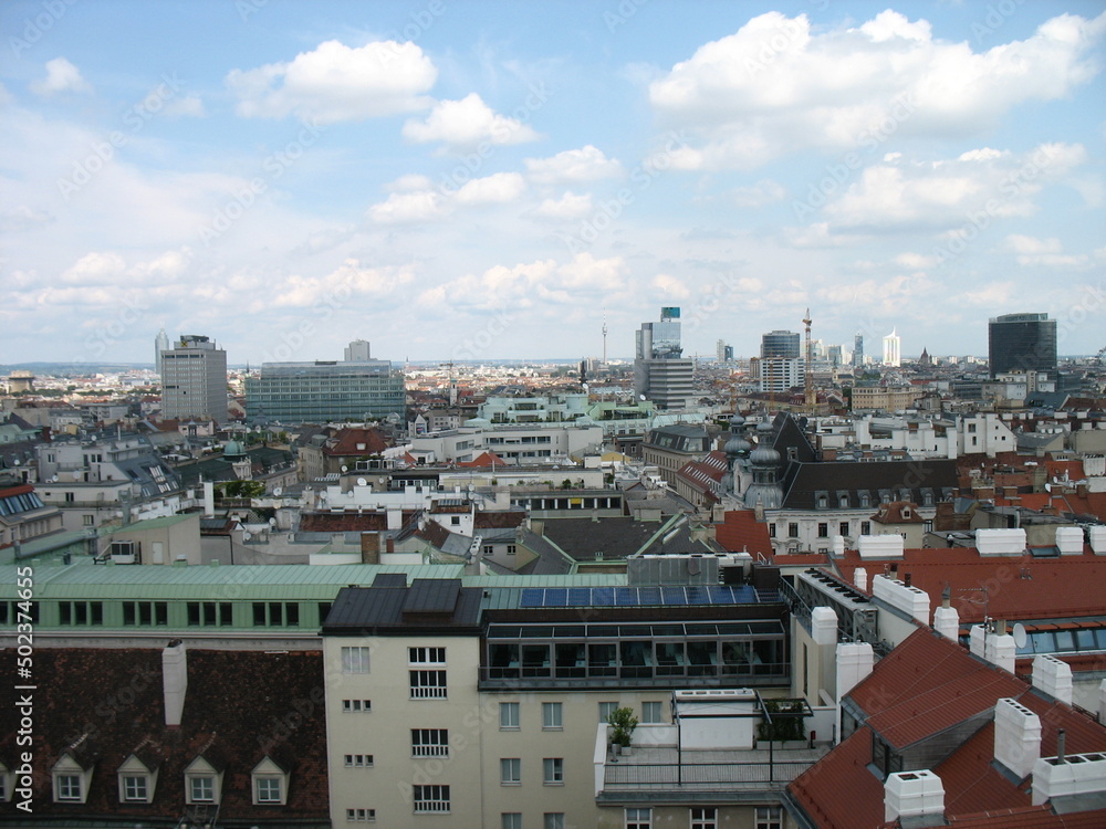 City panorama on the roofs of a European city from St. Stephen's Cathedral in Vienna