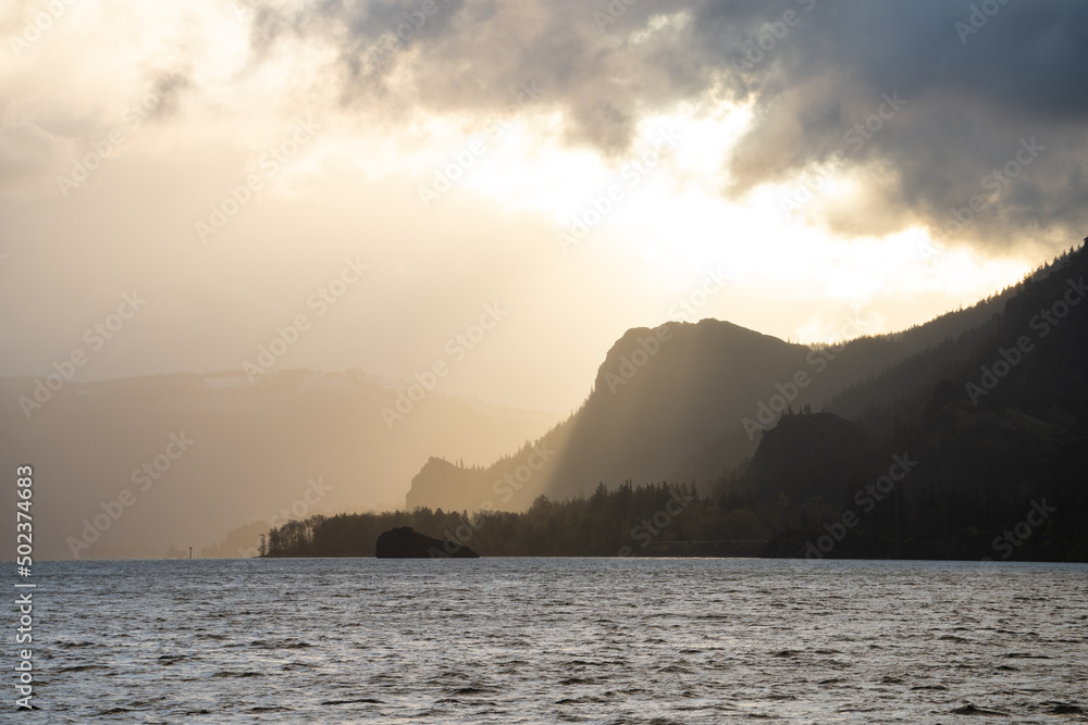 Sunrise and dramatic clouds in the Columbia River Gorge