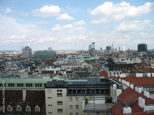 City panorama on the roofs of a European city from St. Stephen s Cathedral in Vienna