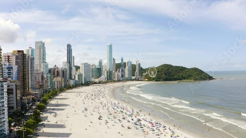 Aerial view of people enjoying north beach of Balneário Camboriú, Brazil.