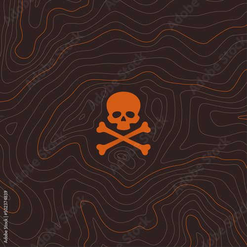 Vector brown background with texture topographic contour line, isolines with green skull with crossbones. Danger place.