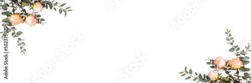 Pink roses and eucalyptus branches bouquet flowers isolated on white background. Happy Easter, spring, wedding, birthday, 8 march romantic love, mother day mockup banner. Flat lay, ovehead top view