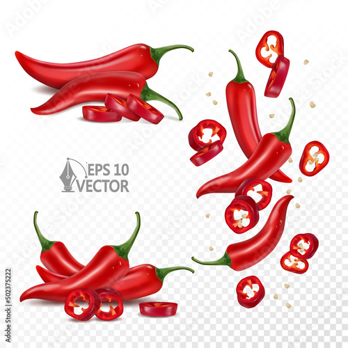 Fotografija Set of red fresh chili peppers, falling pepper slieces, natural hot spices, 3d r