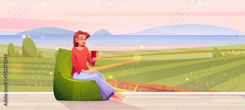 Woman rest in bean bag chair on house porch or terrace with view to fields and lake in early morning. Vector cartoon illustration of girl with cup on wooden veranda and countryside landscape