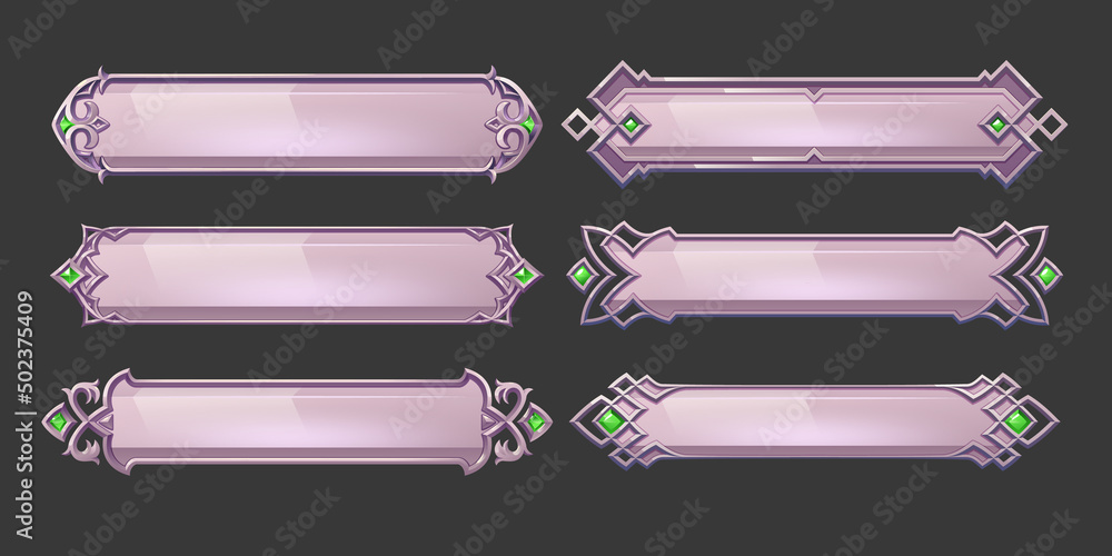 Naklejka premium Silver buttons with fantasy frames in medieval style and green gems for rpg game ui design. Vector cartoon set of blank metal banners with fancy border and gemstones