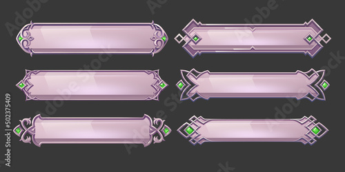 Silver buttons with fantasy frames in medieval style and green gems for rpg game ui design. Vector cartoon set of blank metal banners with fancy border and gemstones