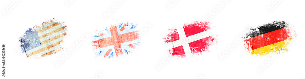 Obraz premium Grunge flags, America. England. Denmark. Germany. Isolated on white background. Signs and symbols.