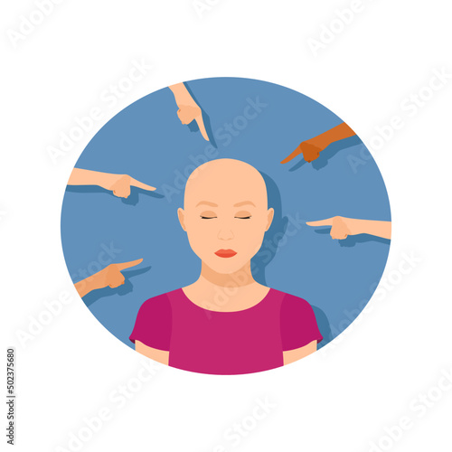 Portrait of sad hairless girl surrounded by pointing hands. Bullying of a person with alopecia