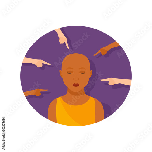 Portrait of sad hairless dark-skinned girl surrounded by pointing hands. Bullying of a person with alopecia