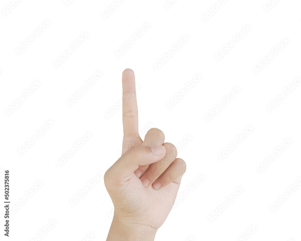 Close up Asian female15-20 age hand show Number one finger, sign arm and hand isolated on a white background copy space symbol language Close up Asian female15-20 age hand show Number one finger, sign arm and hand isolated on a white background copy space symbol language