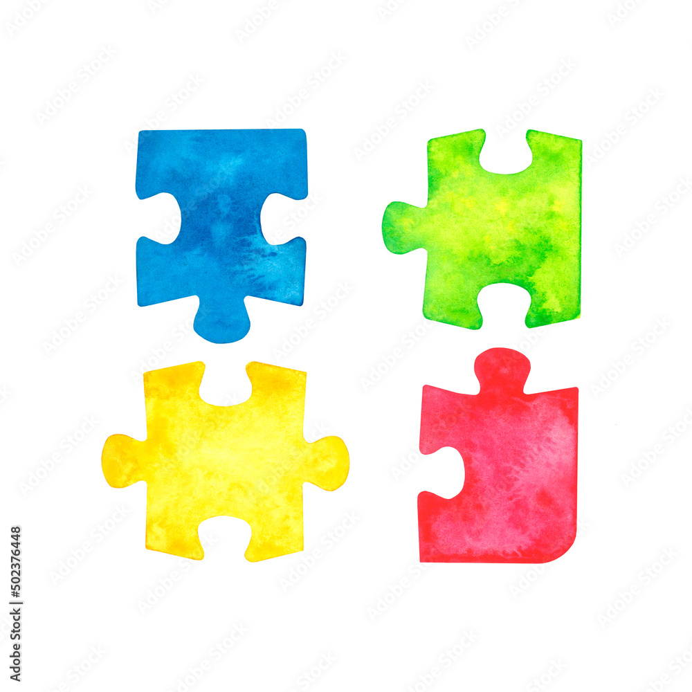 Different colored puzzle pieces: blue green, yellow, red. Hand-drawn in watercolor, isolated on a white background. Different colored puzzle pieces: blue green, yellow, red. Hand-drawn in watercolor, isolated on a white background.