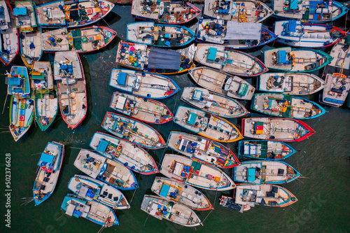 Aerial view of motorboat anchored at Beruwala Harbour, Sri Lanka.