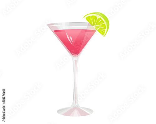 Cosmopolitan cocktail in a cocktail glass.Summer refreshing alcoholic drink with a slice of lime.Vector illustration.