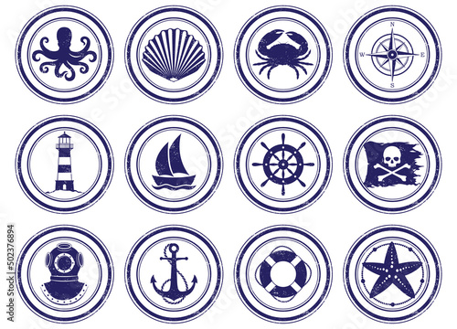 A set of 12 unique grunge stamps, nautical themed. Each stamp is isolated, grouped, labeled, and on an individual layer.
 photo