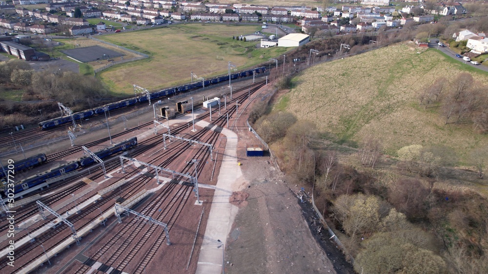Aerial image of the Glasgow to Edinburgh line at Cowlairs junction near Springburn. Aerial image of the Glasgow to Edinburgh line at Cowlairs junction near Springburn.