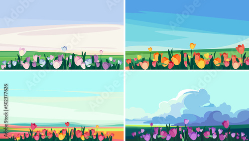 Collection of meadow with tulips. Beautiful nature landscapes.