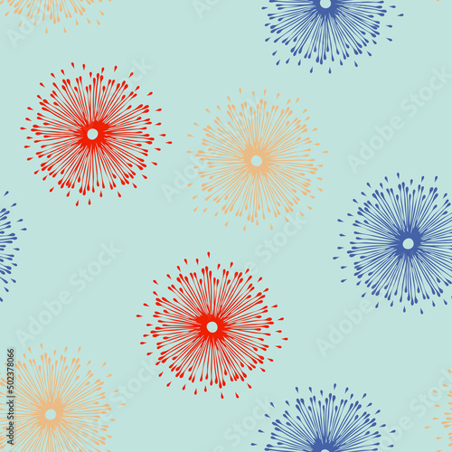 Seamless vector pattern with flower fireworks on blue background. Simple abstract floral wallpaper design. Decorative festive bloom fashion textile.