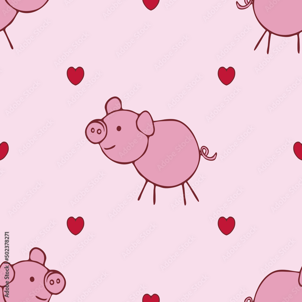 Seamless vector pattern with cute pig and love hearts on pink background. Simple romantic animal wallpaper design. Decorative cartoon piggy fashion textile. Seamless vector pattern with cute pig and love hearts on pink background. Simple romantic animal wallpaper design. Decorative cartoon piggy fashion textile.