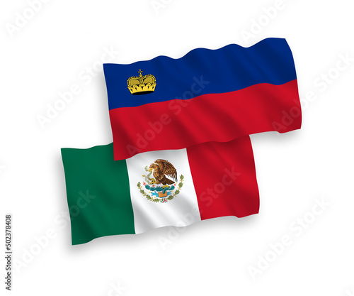 National vector fabric wave flags of Mexico and Liechtenstein isolated on white background. 1 to 2 proportion.