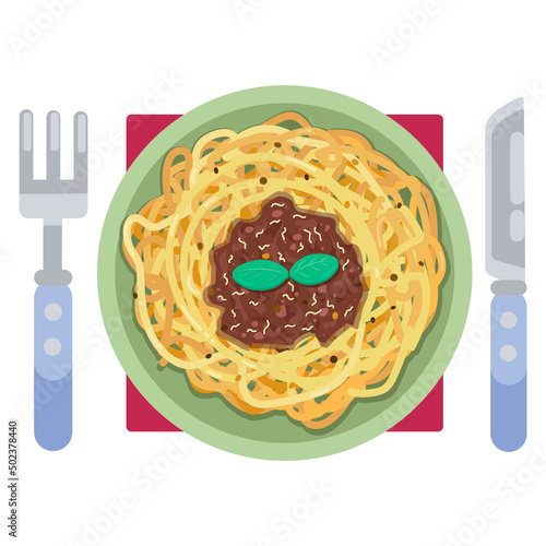 Pasta bolognese, basil and spices. Fork and a knife are nearby. Vector graphic.