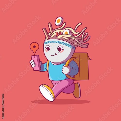 Ramen bowl character delivering food vector illustration. Food, mascot, business design concept.