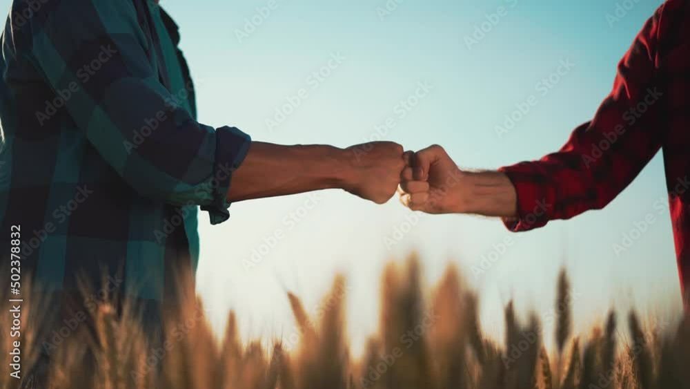 Agriculture concept. Concluding contract in wheat field. Two farmers