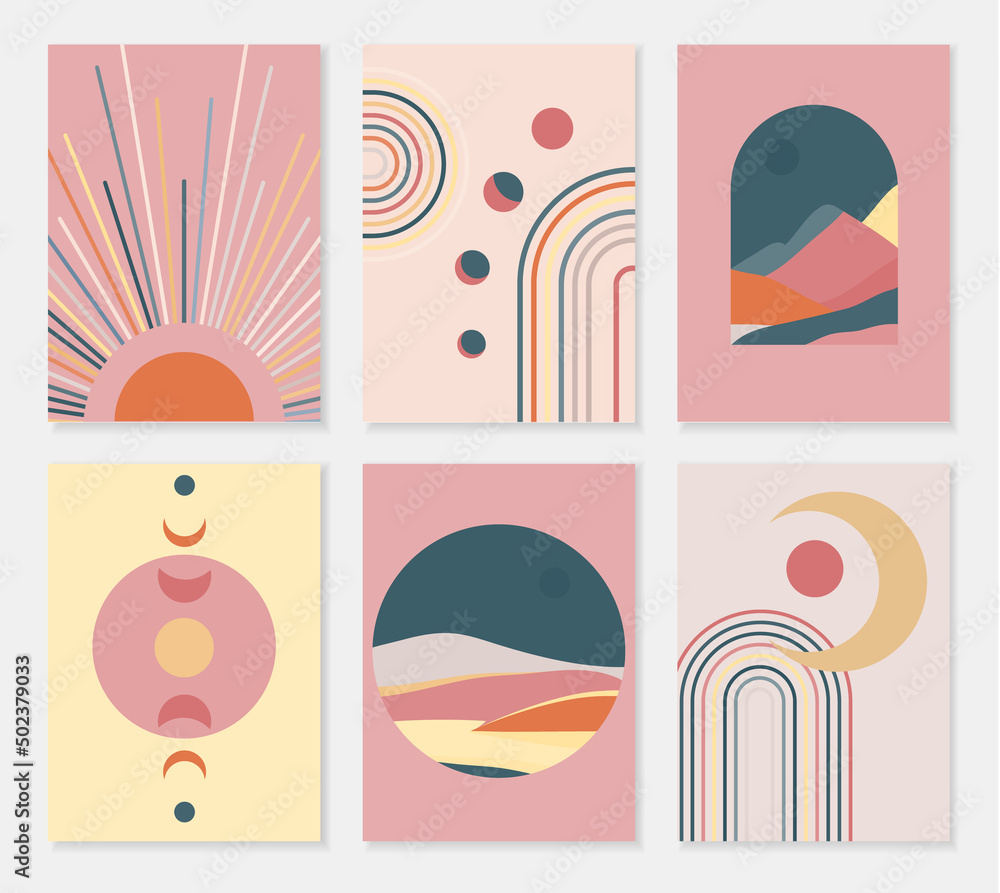 Set of abstract contemporary posters with sun moon and landscape in boho style. Mid century minimalist background for home decoration, wall decor or covers. Vector