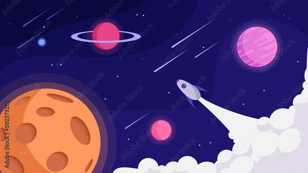Space galaxy with planets, asteroids and stars on blue background. Vector illustration of trips on universe on a rocket in cartoon style.