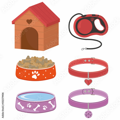 A set of accessories for dogs and cats, a booth, bowls with food, a leash and collars with a medallion photo