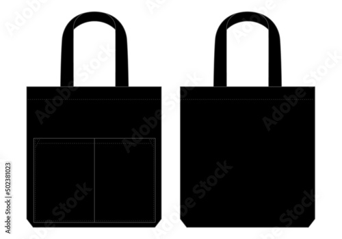 Black tote bag with double pocket template on white background.Front and back view, vector file
