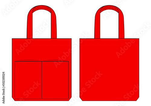 Red tote bag with double pocket template on white background.Front and back view, vector file