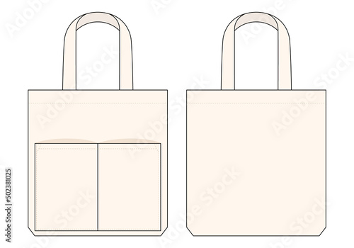 Calico tote bag with double pocket template on white background. Front and back views, vector file