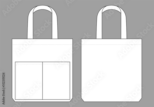 Blank white tote bag with double pockets template on gray background. Front and back views, vector file photo