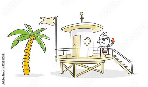 Strichfiguren / Strichmännchen: Bademeister, Rettungsschwimmer, Baywatch, Strandhaus, Aussichtsturm. (Nr. 816)