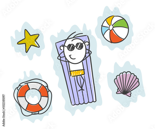 Strichfiguren / Strichmännchen: Entspannung, Luftmatratze, Meer. (Nr. 817)