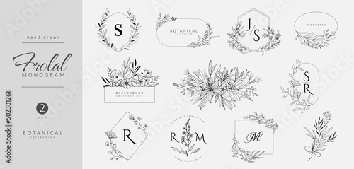 Set of wedding monogram, botanical floral branch and logo. Hand drawn wedding herb, homeplant with elegant leaves. Botanical rustic trendy greenery vector photo