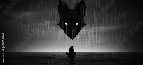 Принти на полотні Woman Black Silhouette Sitting Alone in the Rain Abstract Black Dog Depression M