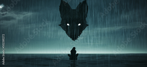 Woman Black Silhouette Sitting Alone in the Rain Abstract Black Dog Depression Mental Health Dark Blue Cloudy Sky 3d illustration render