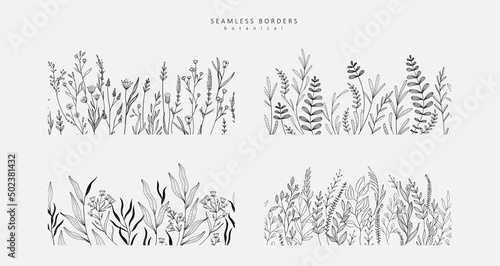 Luxury botanical background with trendy wildflowers and minimalist flowers for wall decoration or wedding. Hand drawn line herb, elegant leaves for invitation save the date card. Botanical
