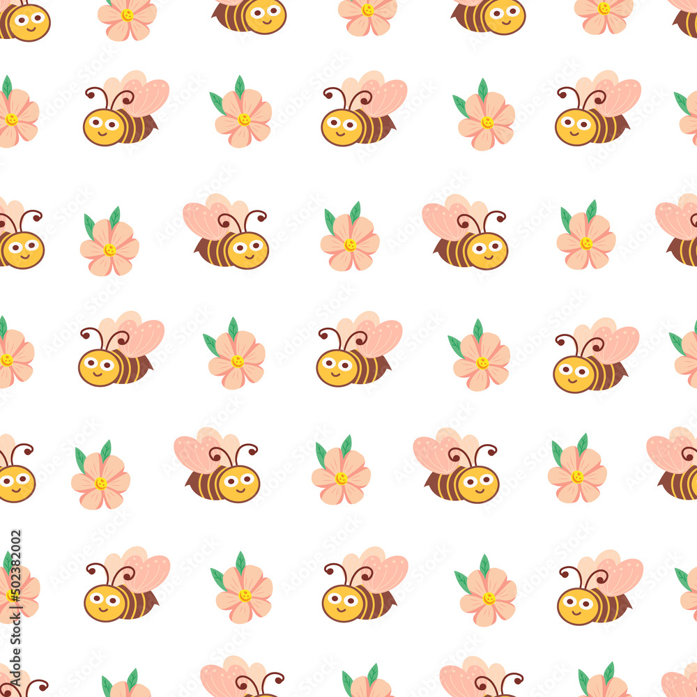 Cute bee and flower seamless pattern. Vector Illustration for printing, backgrounds, covers, packaging, greeting cards, posters, stickers, textile and seasonal design. Isolated on white background. Cute bee and flower seamless pattern. Vector Illustration for printing, backgrounds, covers, packaging, greeting cards, posters, stickers, textile and seasonal design. Isolated on white background.