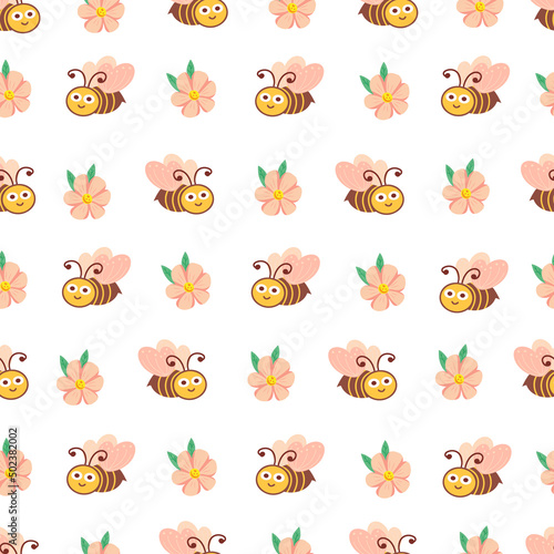 Cute bee and flower seamless pattern. Vector Illustration for printing, backgrounds, covers, packaging, greeting cards, posters, stickers, textile and seasonal design. Isolated on white background.